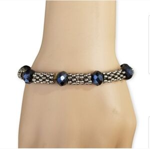 VINTAGE SILVERTONED & BLUE/ BLACK FACETED GLASS BEAD STRETCH BRACELET